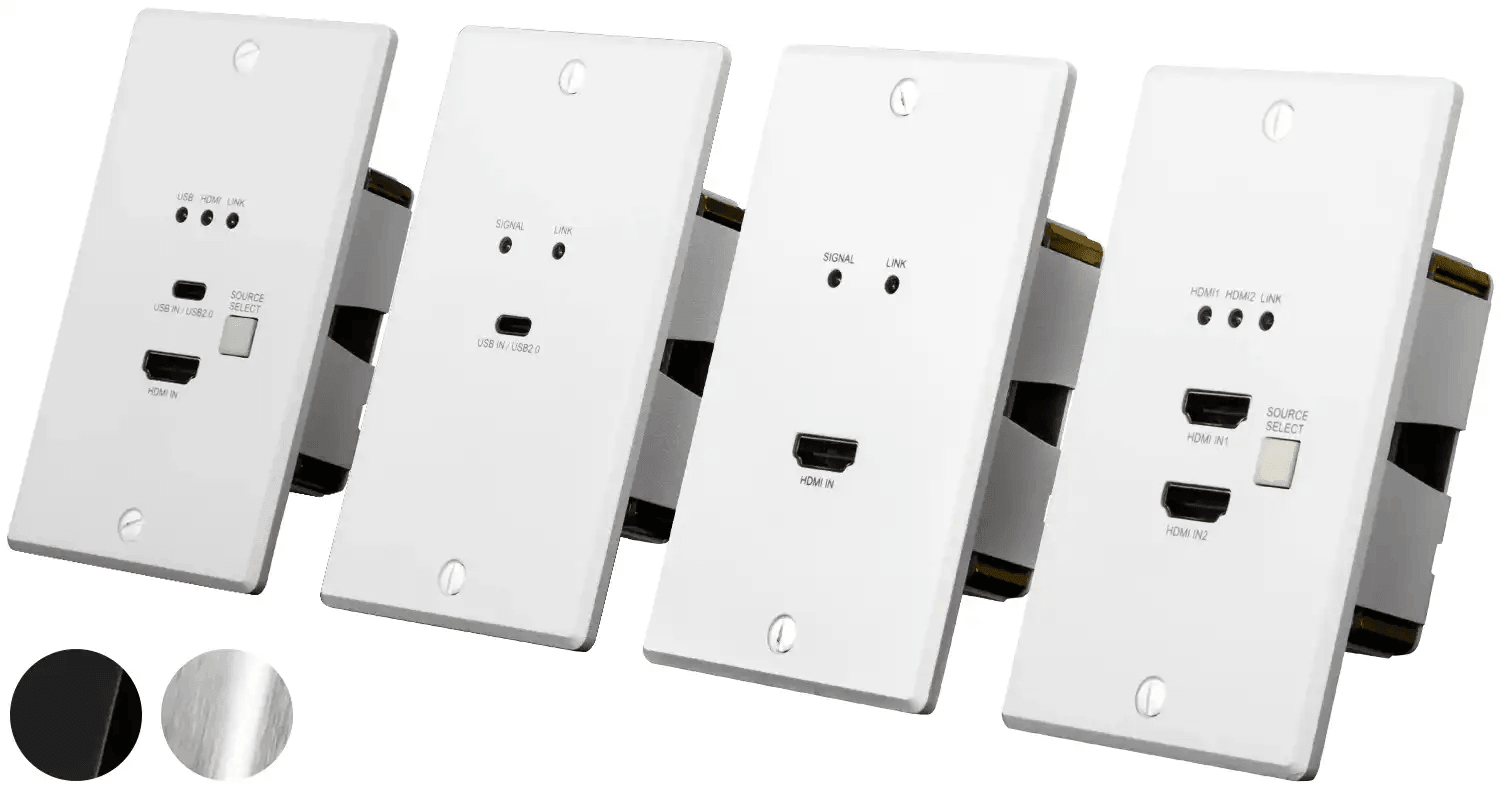 Low Profile Wall Plate Transmitters via HDBaseT Available in white, black, and stainless steel wall plate covers.