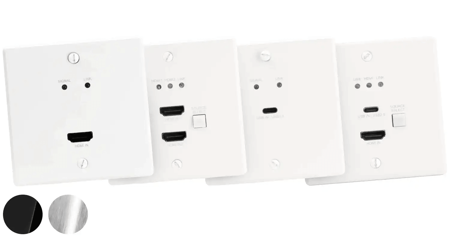 Low Profile Wall Plate Transmitters via HDBaseT Available in white, black, and stainless steel wall plate covers.