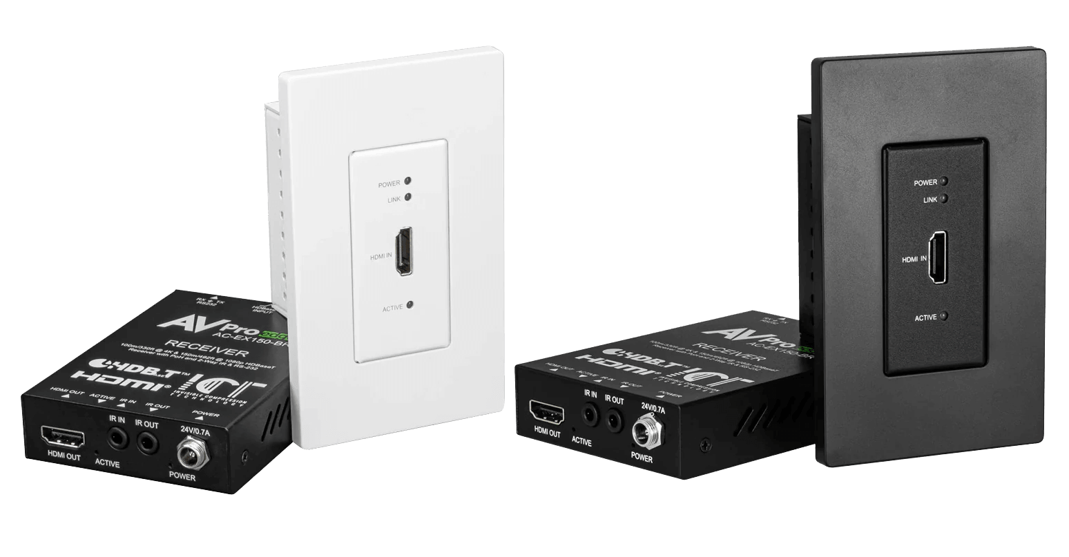Low Profile Wall Plate Transmitters via HDBaseT Available in white, black, and stainless steel wall plate covers.